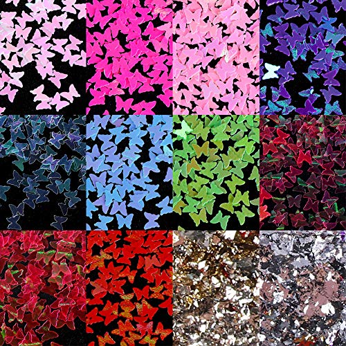 Mrsyel 12 Boxes Butterfly Nail Art Holographic Glitter Nail Sequins Iridescent Foils Flakes Glitter Colorful Confetti Sticker Manicure Nail Art Supplies DIY Decals Resin Art Decoration (5-Butterfly)