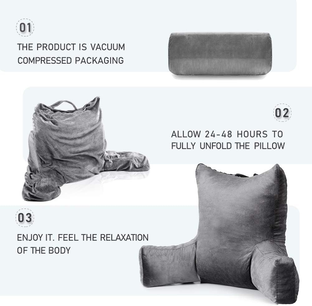 Neustern Updated Reading Pillows with Enlarged Support Arms - Removable Backrest Cover with Pockets, Comfy Bed Rest Pillows for Bed Back Support (22 inches high) - Ideal for Adults/Teen/Kids (Grey): Home & Kitchen