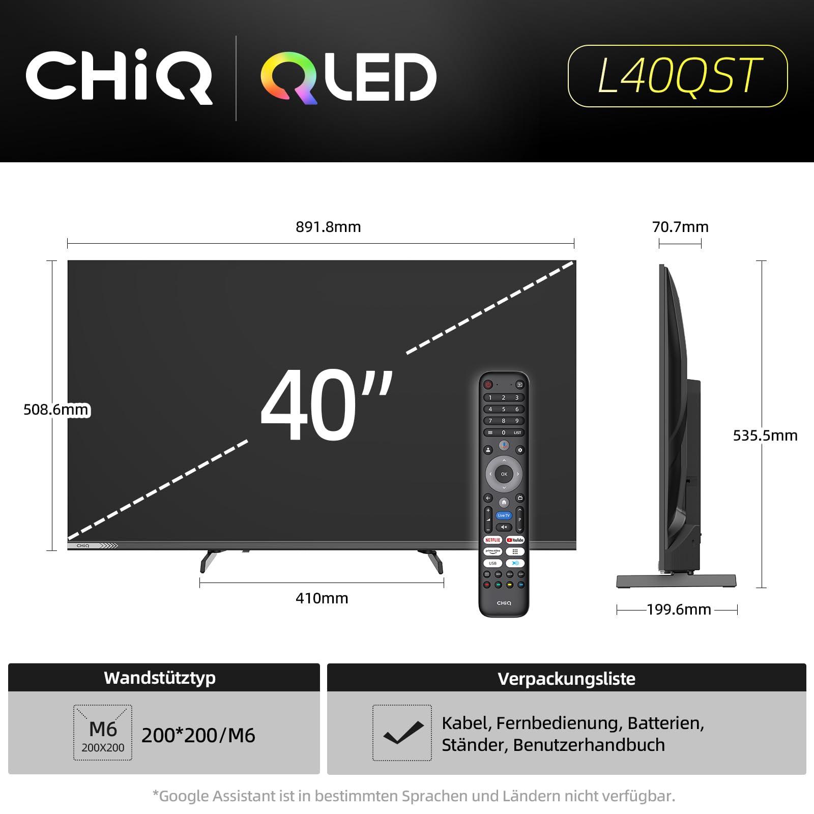 CHIQ L40QST 40 Zoll (101cm) FHD, QLED Pro Smart Google TV, Kompatibel mit HDR10, DBX-tv, Apple AirPlay, Prime Video, YouTube, Dolby Audio, mit Google Sprachsteuerung, Rahmenloses Design 2