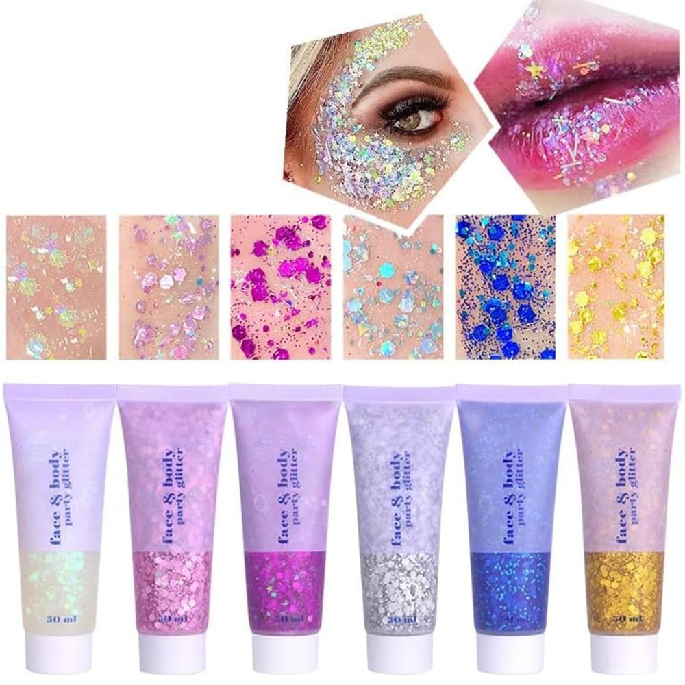Beliky Girl Body Glitter Gel, 50ML Face Glitters Body Gel Sequins Shimmer Liquid Eyeshadow, Mermaid Sequins Liquid Holographic Glitters Festival Rave Accessories Set for Eye Hair Nail DIY Art 6Pcs