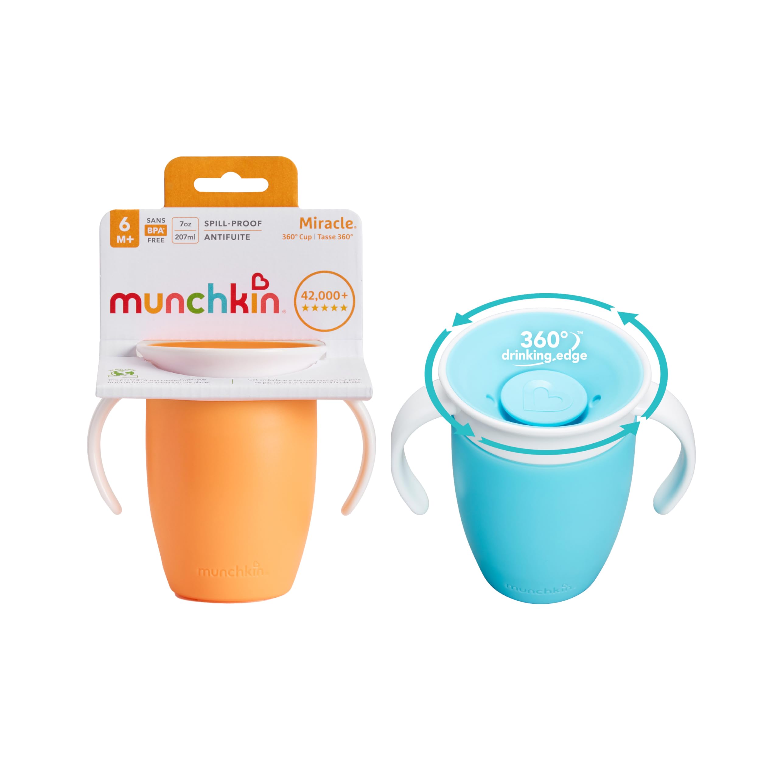 Munchkin Miracle 360 6+ Months Baby Sippy Cups | Free Flow Beaker for Toddlers |Trainer Cup | BPA-Free | Spill-Free| Baby Water Bottle with Easy-Grip Handles| 207ml | 2pack | Blue/Orange