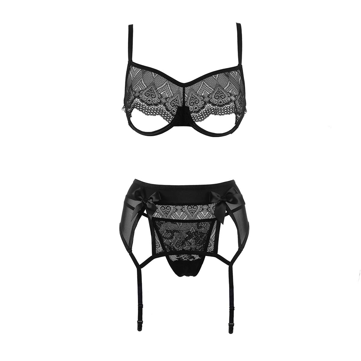 xspice Sexy Lingerie Set for Women, 3 Piece Lingerie for Women with Garter Belts and Thong, Excluding Stockings (M/L, Black)