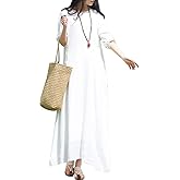 FioraMosaic Women's White Cotton Linen Maxi Dress Long Sleeve Round Neck Flowy A Line Casual Dresses with Pockets