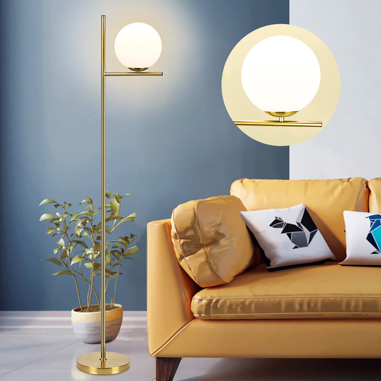 Depuley Gold LED Floor Lamp with Frosted Glass Globe, 3000K Warm White, Modern Tall Pole Standing Light with E27 Holder, Reading Floor Lamps for Living Room Bedroom Office (Bulb Included) — image 1
