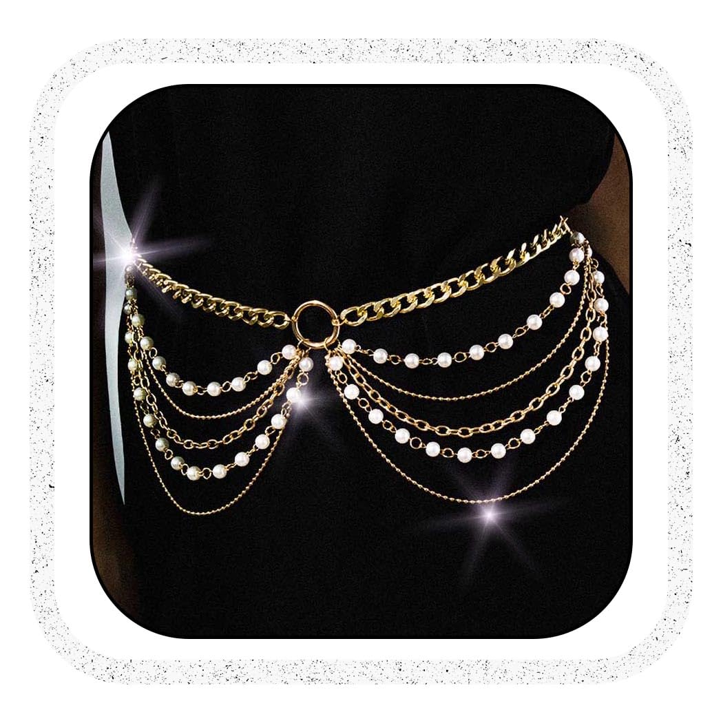 IYOU Bohe Waist Chain Layered Gold Pearl Body Chain Beaded Belt Chains Party Prom Belly Chain Jewelry for Women