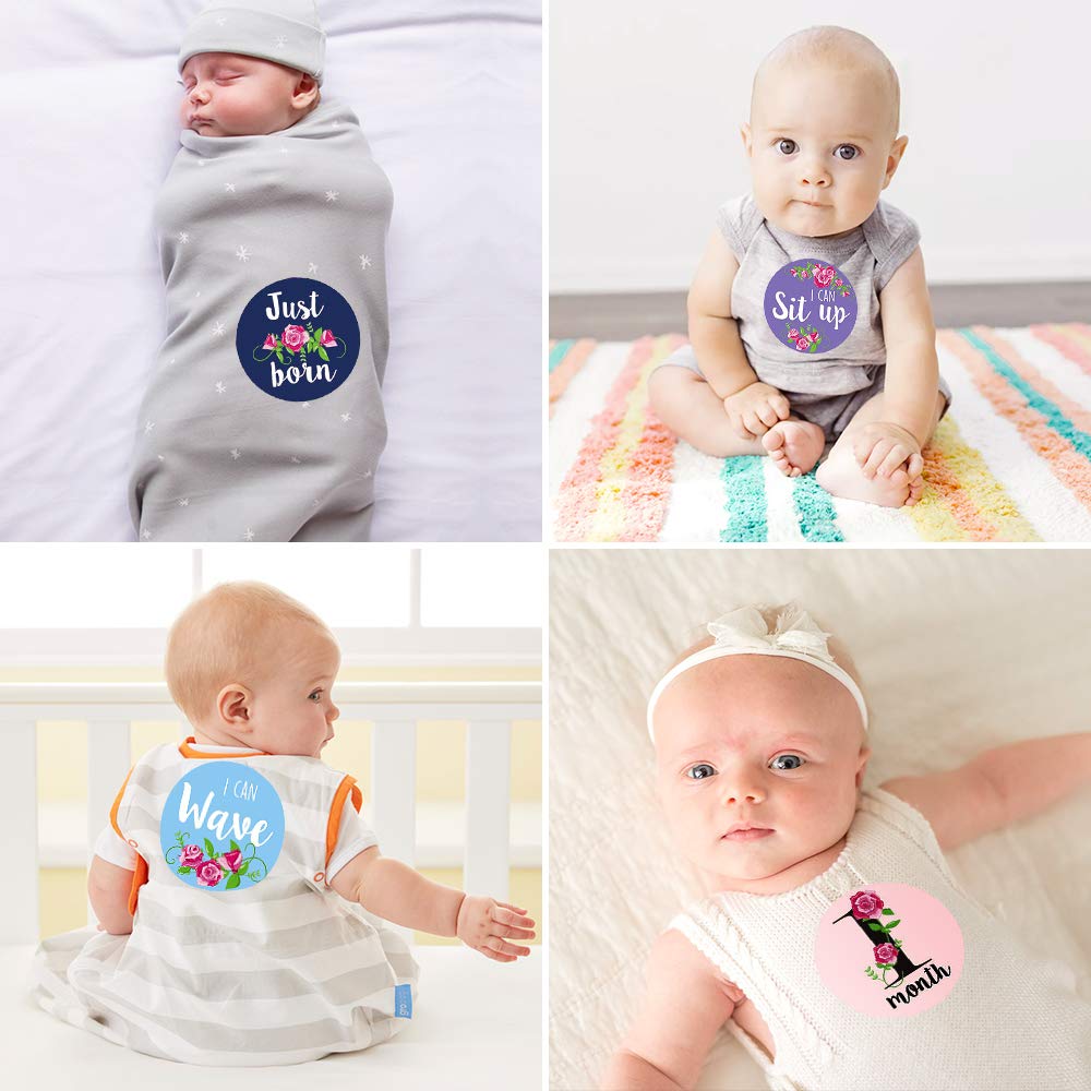 HIGO Baby Monthly Milestone Stickers | 36 Pack Floral Baby Growth& Holiday Stickers | Newborn Girl Stickers | Best Baby Shower Gift | Decorative Photograph Prop (36 Pack Floral)