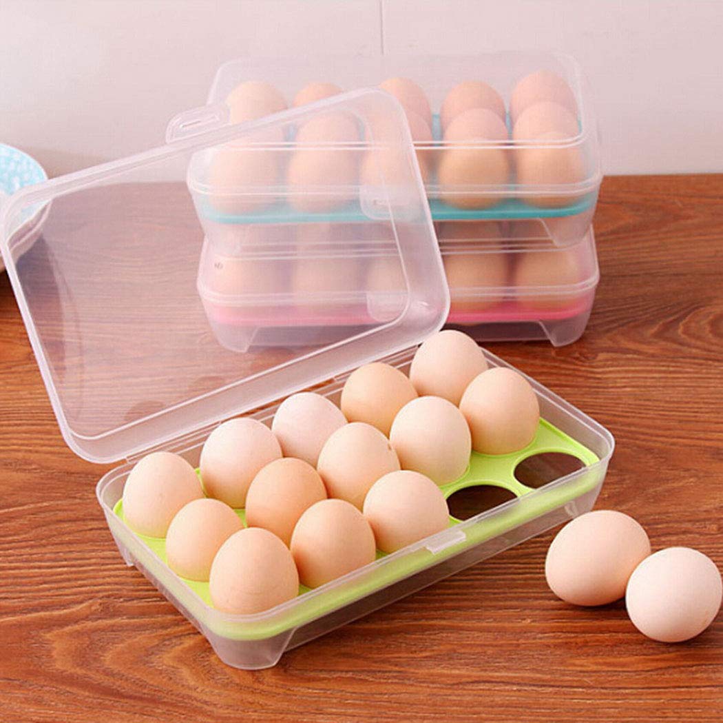 Kitchen Refrigerator Eggs Dispenser, Eggs Storage Box Eggs Holder with Lid, Holder for 15 Eggs (Green)