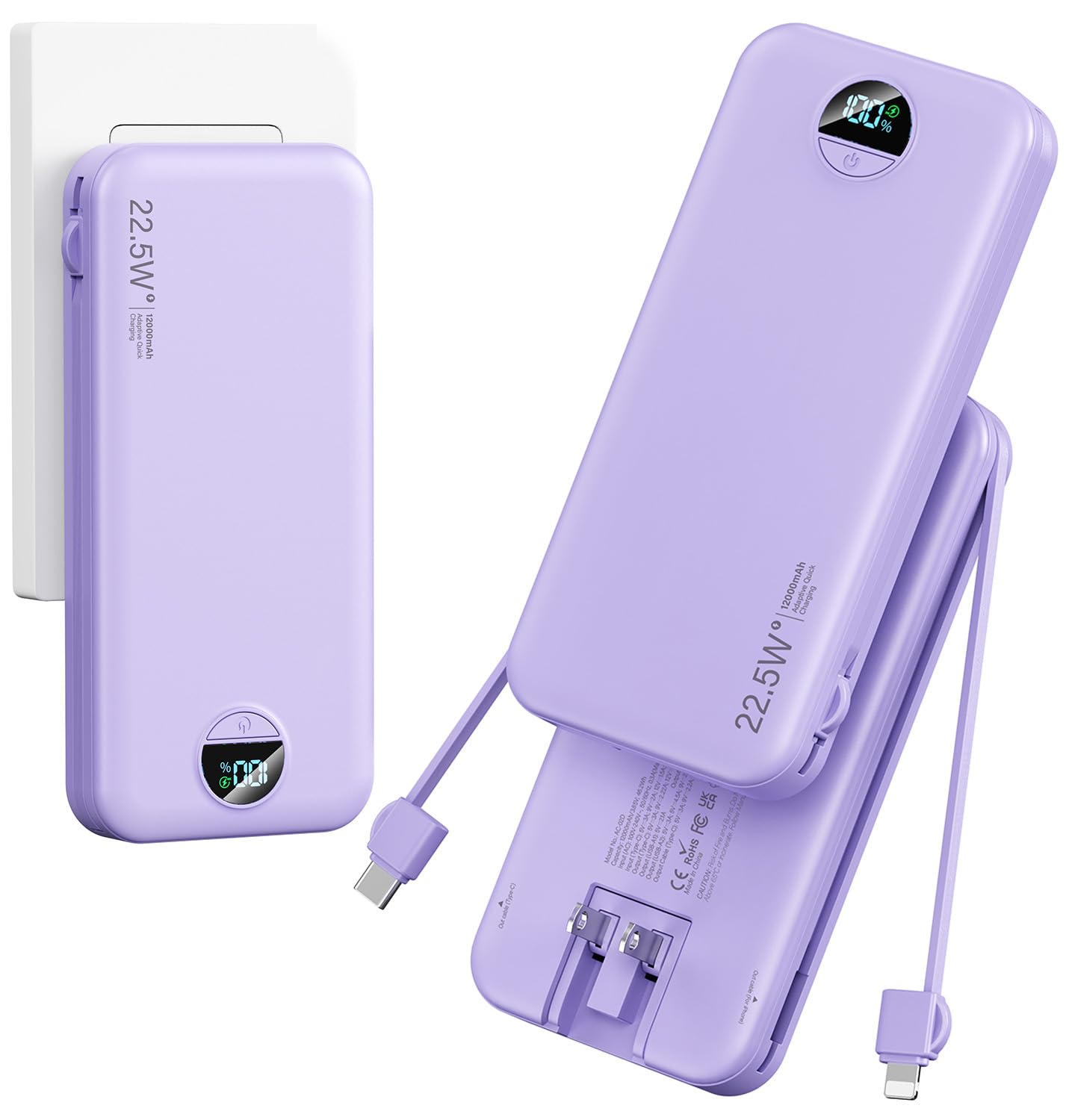 Photo 1 of 12000mAh Ultra-Portable-Charger-Power-Bank with Built in Cables&AC Wall Plug, PD20W USB-C Fast Charging Cell Phone Charger Battery Pack,LED Display Travel Battery Bank for All iPhone,Samsung,Android