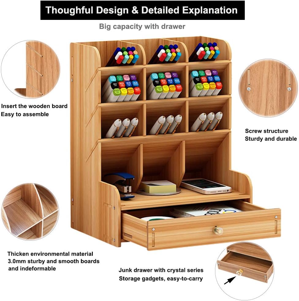 Marbrasse Wooden Desk Organizer, Multi-Functional DIY Pen Holder Box, Desktop Stationary, Easy Assembly, Home Office Supply Storage Rack with Drawer (B11-Cherry Color) : Office Products