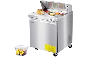 VEVOR Commercial Refrigerator, 28" W Sandwich/Salad Prep Refrigerated Table, Stainless Steel Food Prep Station Fridge with 8 Pan, for Restaurant, Bar, Shop, 7.1 Cu. Ft Refrigerator Single Door, Silver