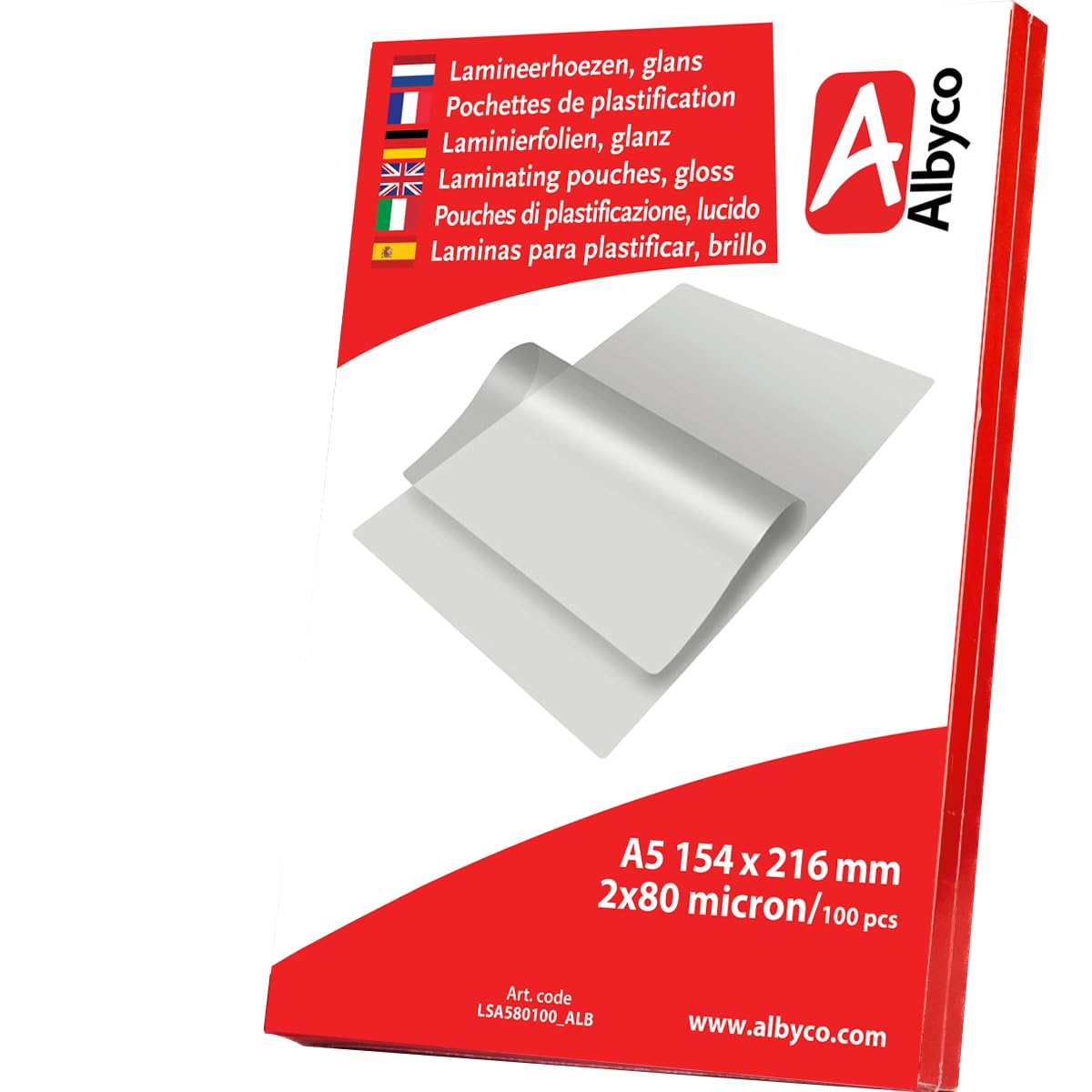 Albyco Laminating Pouches, Laminating Pouches - A5 Format 154 x 216 mm - Thickness 2 x 80 (160) Micron - Glossy - Pack of 100 - Transparent