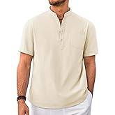 Beotyshow Men 100% Cotton Linen Henley Shirt Casual Short Sleeve Summer T Shirt Pocket Button Tee Top Beach Hippie Shirt