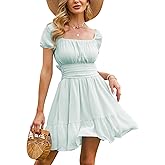 EXLURA Women's 2026 Summer Short Puff Sleeve Casual Short Mini Dresses Tie Back Square Neck A-Line Sundress