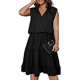 Eytino Womens Plus Size Sleeveless V Neck Drawstring Ruffle Tiered Chiffon Mini Short Dresses,(1X-5X)