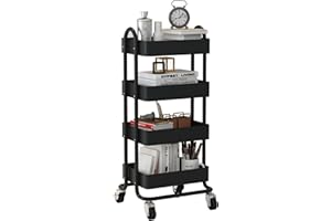 MIOCASA 4-Tier Metal Utility Rolling Cart, Heavy Duty Multifunction Cart with Lockable Casters, Easy to Assemble, Suitable for Office, Bathroom, Kitchen, Garden (Black)
