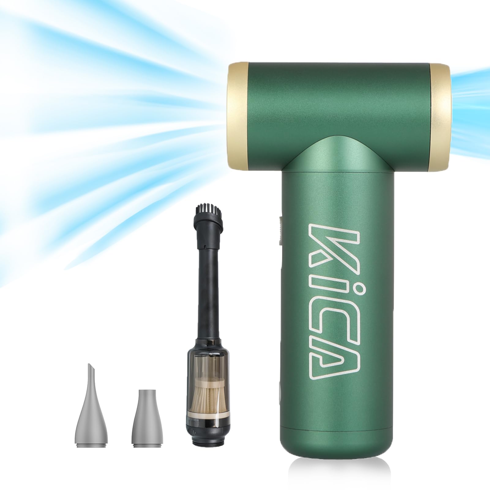 Photo 1 of KiCA Jetfan 2.0 Electric Air Duster+Vacuum Accessory Combo for Computer/Keyboard/House Cleaning/Camera Lens/Camping/BBQ/Car/Barbershop,100000RPM,Two Nozzle/Long Battery,Air Can Substitute Tool-Green