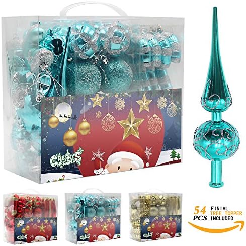 Woowell Shatterproof Ornaments Christmas tree decoration, 54 Set Luxury Collection Turquoise Assorted Xmas Balls, Reusable Hand-held Gift Box (Turquoise)