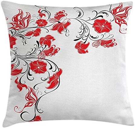 HATS NEW Red and Black Throw Pillow Cushion Cover, Japanese Asian Decor Flowers Swirls Ivy and Leaves Butterflies Image, Decorative Square Accent Pillow Case, 18 X 18 Inches, Scarlet and White