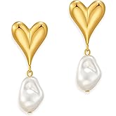 Frigotine Gold Heart Shell Baroque Pearl Dangle Drop Earrings for Woman, Chunky Statement Dangling Stud Earing Prom Holiday Accessories Fashion Jewelry Gifts