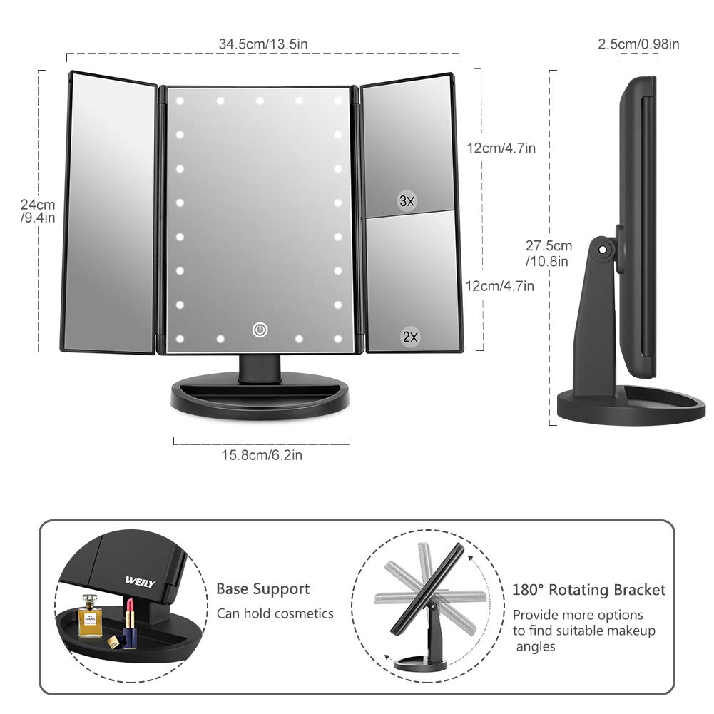 WEILY Makeup Vanity Mirror with 21 Led Lights, Trifold Dual Power Magnifying LED Lighted Cosmetic Mirrors (Black) : Beauty