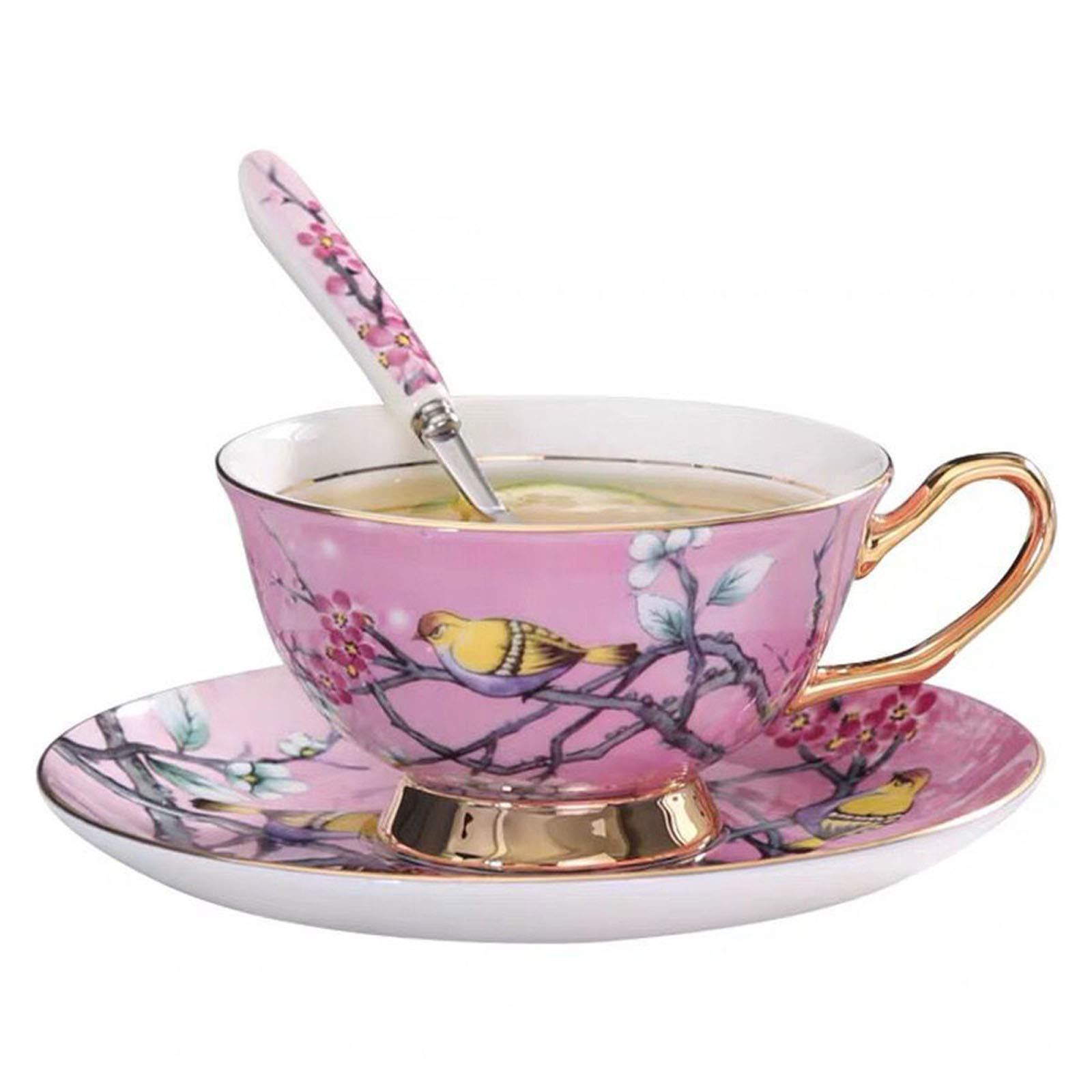 Eplze YBK Tech Euro Style Cup& Saucer Set, Bone China Teacup Coffee Cup for Breakfast Home Kitchen- Birds and Trees Patterns (Hot Pink)