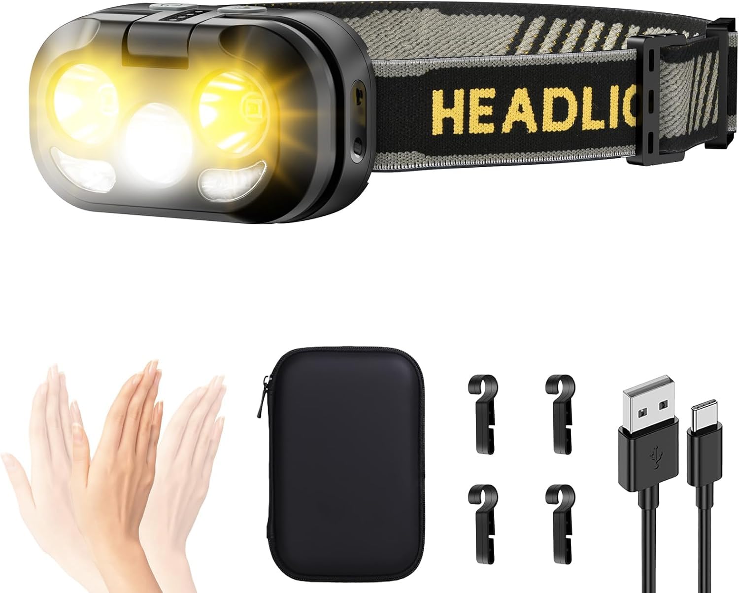 Rechargeable LED Headlamp Small 2000 Torch High Lumen Super Bright Head Torch Continuously Dimmable with 8 Modes Reading Light Sensor Red Light IPX5 Waterproof Mini for Adults Jogging Camping Fishing