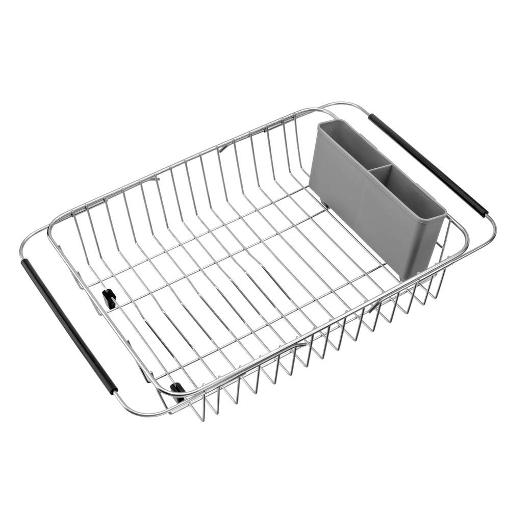SANNO Dish Drainer Rack Dish Drainer with Cutlery Holder Expandable Dish Sink Drainer Dish Drying Rack Over Sink Plate Rack Drainer for Kitchen,Rustproof,Waterproof