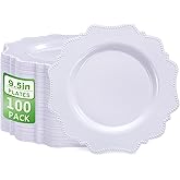COLOSUS 100pcs 9.5 Inch-White Plastic Dinner Plates, Fancy White Plastic Plates,Heavy Duty Disposable Dinner Plates for Party Thanksgiving and Everyday Use