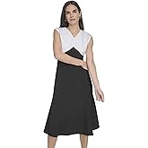 Calvin Klein Womens Sleeveless V-Neck Two Tone Midi Shift Dress