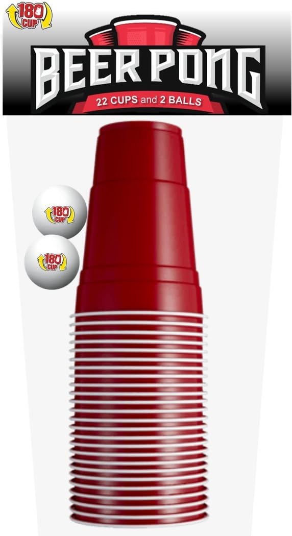 180CUP Disposable Red Party Cup with Built In Shot Glass (Pack of 22 + 2 Pong Balls)