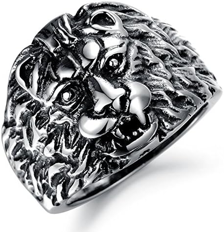 Paialco Men's Stainless Steel Lion Head Vintage Biker Ring Silver Black, Size: 11