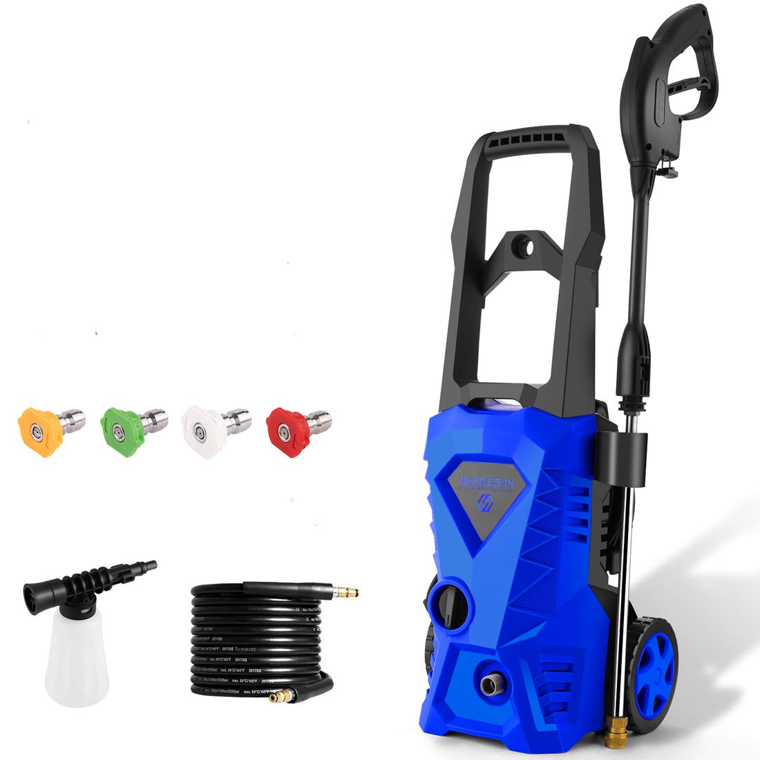 Photo 1 of WHOLESUN Electric Pressure Washer 1950PSI, Powerful Motor Power Washer 3.9 GPM with 4 Quick Connect Nozzles, Brush, Soap Bottle, IPX5 Design Washer for Cleaning Car/Driveway/Patio(Blue)
