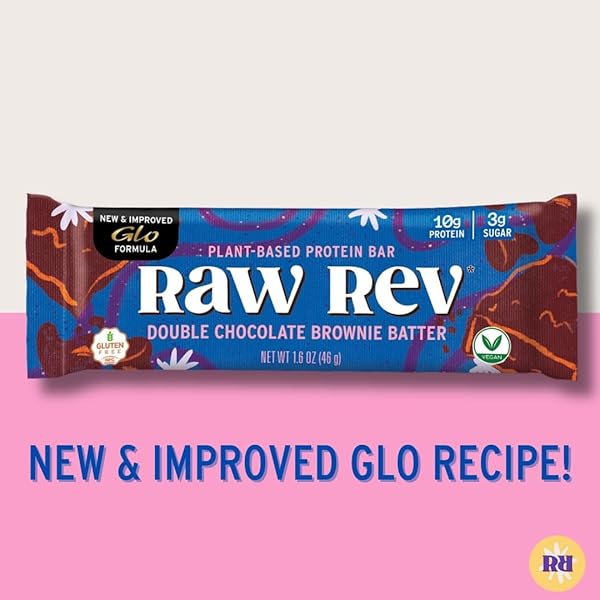 RAW REV VEGAN PROTEIN BARS- DOUBLE CHOCOLATE BROWNIE BATTER, 12 BARS, NON-GMO, PLASTIC-NEUTRAL, NOTHING ARTIFICIAL, GLO FORMULA, GLUTEN-FREE, KETO-FRIENDLY, PALEO, KOSHER, NO SUGAR ALCOHOLS, NO STEVIA.