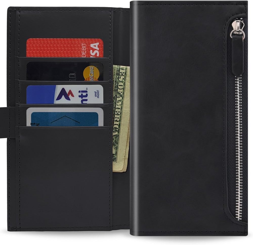 Qoosan Galaxy S10 5G Wallet Case [Zipper] Protective PU Leather Flip Cover with Card Holder & Zipper Pocket - Black