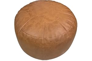 Louis Donné Pouf Ottoman Cover, Moroccan Round Leather Pouf, 21" Color Orange Handmade Foot Rest with Stroage for Living Room, Bedroom, Valentines Day Gifts for Men&Women