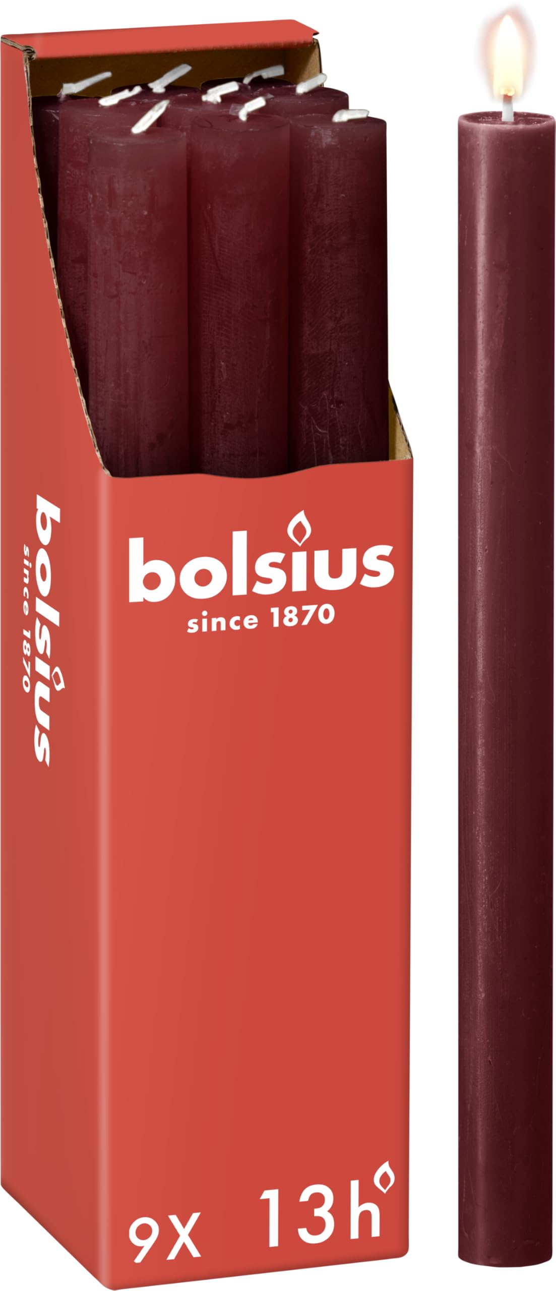 Bolsius Rustic Dinner Candles - Dark Red - Pack of 9 - Long Burning Time of 13 Hours - Interior Decoration - Unscented - Includes Natural Vegan Wax - 27 x 2.3 cm โ image 1