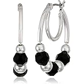 Nine West Women's Jet Bead Double Hoop Earrings Silver Tone
