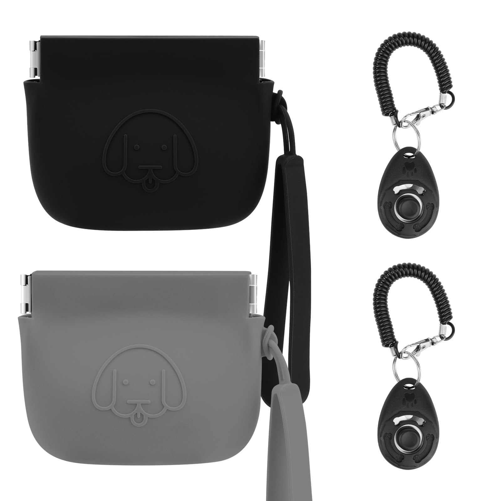 WALLFID Silicone Dog Treat Pouch Small Bag,Auto Closure,with Pet Training Clicker,Walking Bag for Dog and Cat,Pocket Size,Easy to Clean,Odorless (Dark Gray and Black)