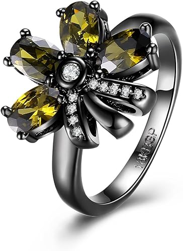 Amazon Rockyu ブランド 人気 リング 18 レディース 花 指輪 ステンレス ブラック 黄色 黄水晶 リング 通販