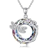 Qyvit Dragonfly Necklace 925 Sterling Silver Dragonfly/Sunflower Bee Pendant Necklace Dragonfly with Blue Circle Crystal Dragonfly Jewelry Gifts as Holiday Christmas Gifts for Women