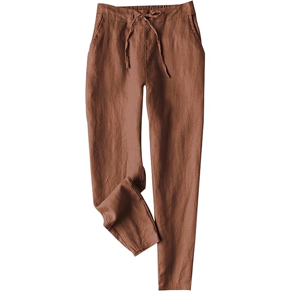 IXIMO Women's Tapered Pants 100% Linen Drawstring Back Elastic
