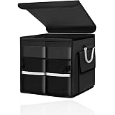 KAUEGOW Car Trunk Organizer with Lid, 28L Collapsible Oxford Auto Storage Organizer with Reflective Strip &amp; Handle, Multi-Purpose 2-Compartment Cargo Container for Cars SUVs Trucks (Black)