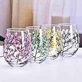 4PCS Hand Painted Wine Glass Four Seasons Tree Stem Wine Glasses Colorful Fall Wine Glasses Tree of Life Crystal Goblet Gift for Hostess Birthdays Weddings Housewarming Party (Style C, Stemless)