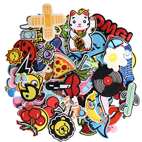 GYGYL 60pcs Random Assorted Size Embroidered Iron on Patches, DIY Sew Applique Repair Patch, Sew On/Iron On Patch for Jackets, Jeans, Pants,Backpacks, Clothes