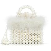 QTKJ Women Pearl Purse,Evening Bags, Artificial Pearl Clutch, Square Feather Handbags, White Purse for Party Wedding Travel