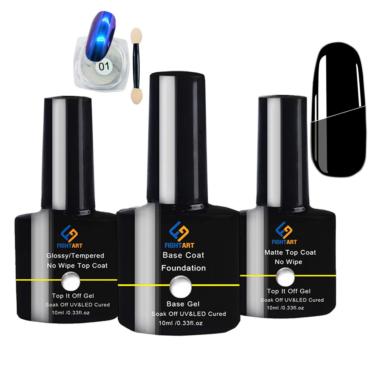 Matte Top Coat High Gloss Base Gel Nail Polish Set No Wipe UV LED Soak Off Varnish 3Pcs with 1pc Mirror Powder Glitter by FIGHTART : Beauty