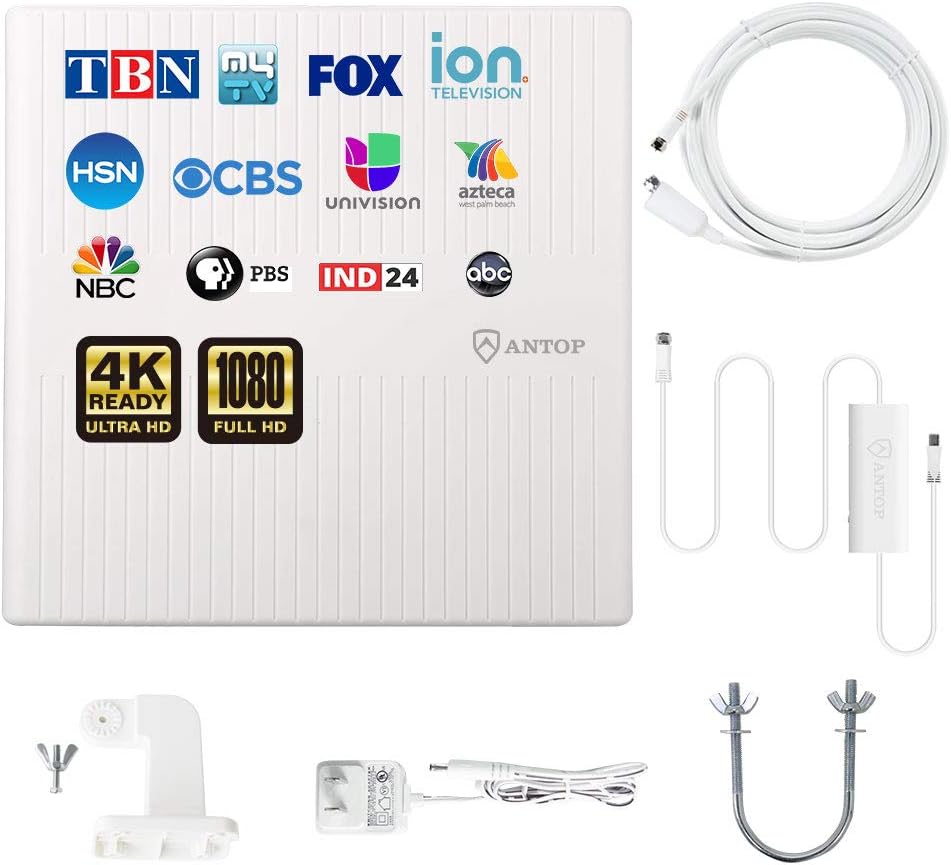 ANTOP Outdoor TV Antenna, 360° Omnidirectional HDTV Antenna, Built-in 4G LTE Filter& Smartpass Amplifier, 4K 1080P VHF UHF TV Channels, for Indoor,Outdoor,RV,Attic Use, Support All Older TV's AT-413B