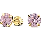 Solid 14K Gold Round Solitaire Simulated-Birthstone Minimalist Stud Earring with Comfort Screw Backing