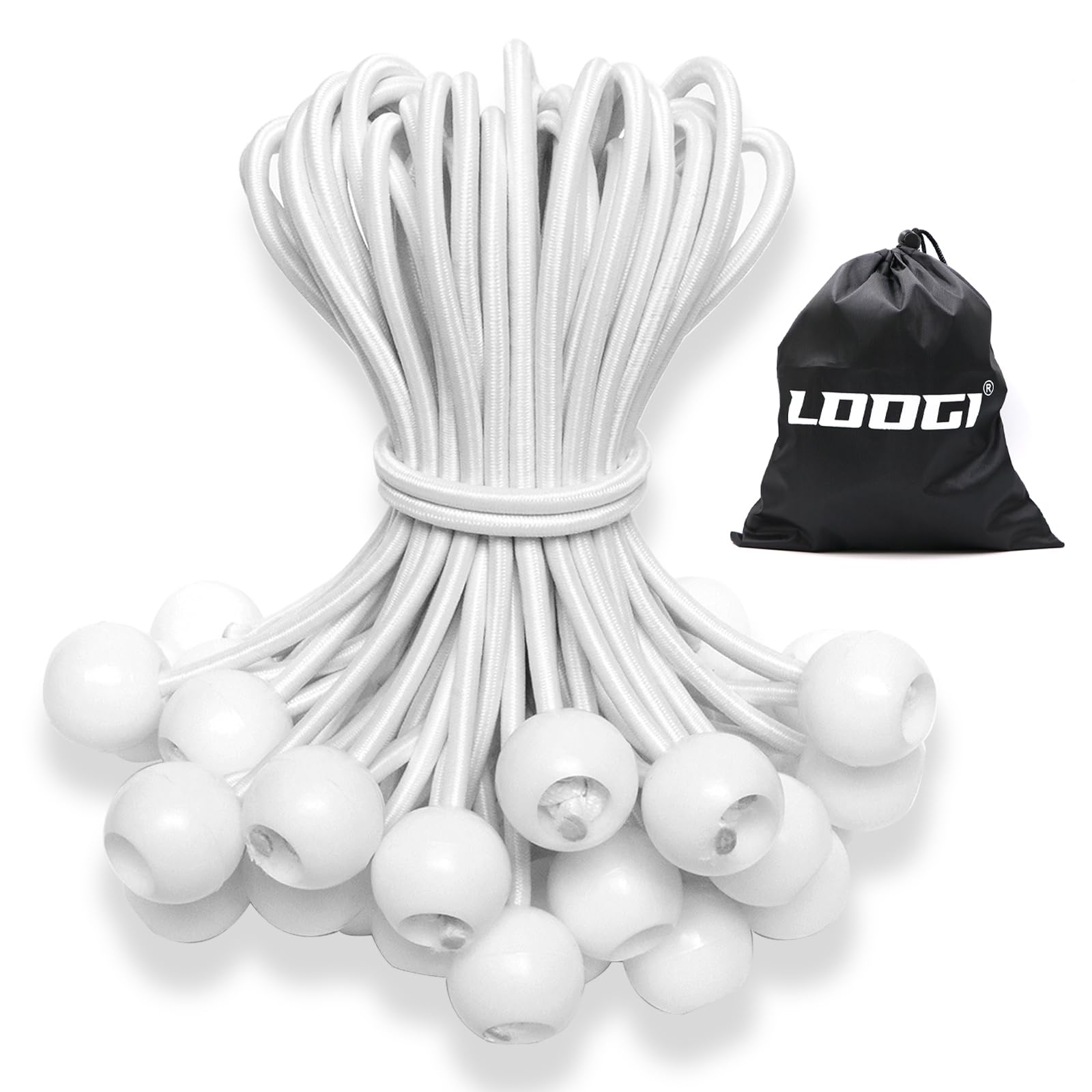 LOOGI Bungee Cord with Balls, 25Pcs 8 Inch White Bungee Ball Cords, Heavy Duty Tarp Bungees Ties Elastic Tie Down Straps for Tarpaulin Tent Camping Pavilions Flag Marquee