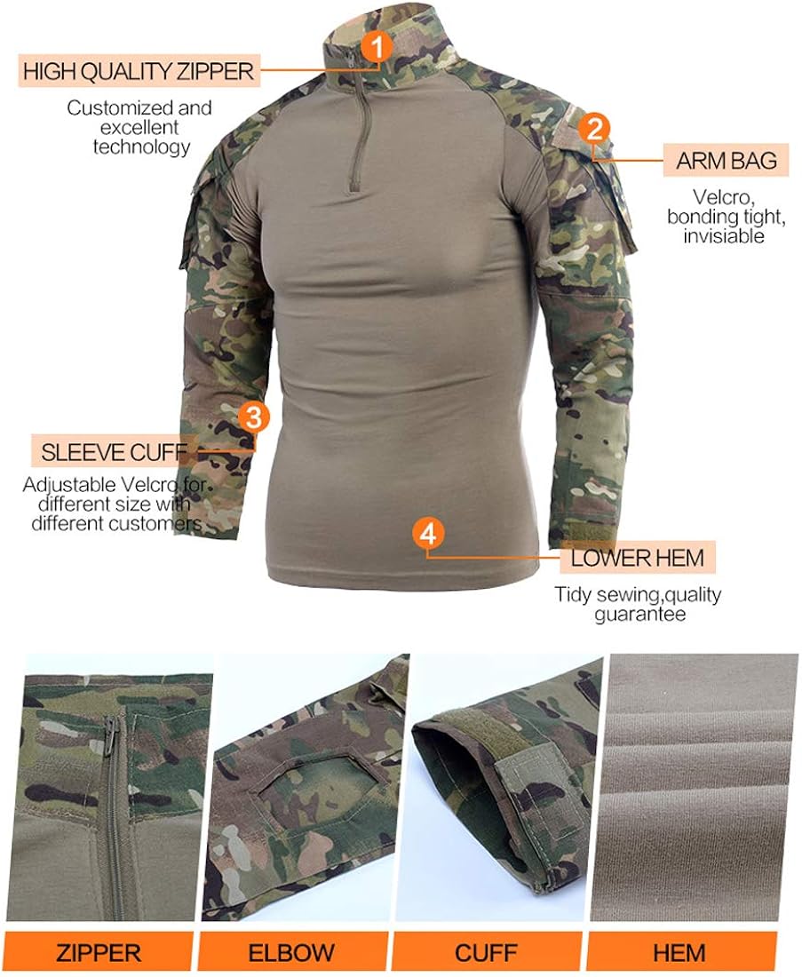 LANBAOSI Men's Tactical Combat Shirt and Pants Set Long Sleeve Multicam Woodland BDU Hunting Military Uniform 1/4 Zip: Clothing